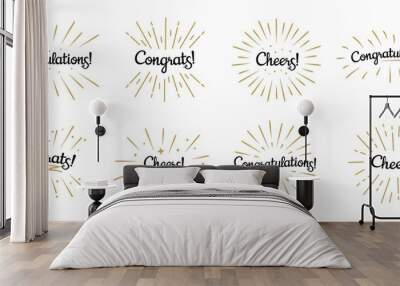 Congratulations lettering. Congrats label, cheers celebration and congratulation text badges with golden burst. Congrats quotation card. Isolated vector symbols set Wall mural