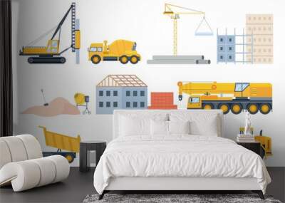 Construction site elements. Material piles, sand and pipes, brick building and machinery. Cement mixer truck, bulldozer and crane vector set Wall mural