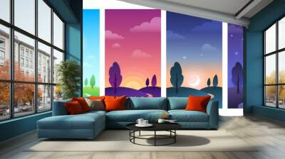 Countryside landscape in parts of day time. Sky and field daytime circle as sunrise, noon, sunset and night Wall mural