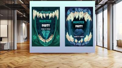 Creepy mouth posters. Cute scary monster lips teeth, colorful comic alien characters emotion for Halloween party invitation cove flyer. Vector set Wall mural