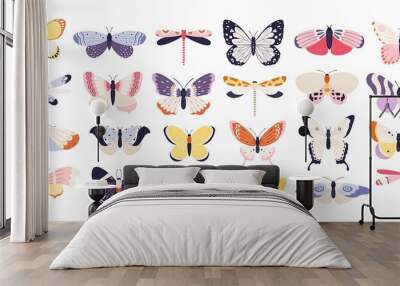 Cute butterflies. Decorative spring butterfly colorful wings. Monarch, moth and dragonfly. Tropical beautiful floral insect flat vector set Wall mural