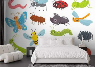 Cute cartoon insects. Funny caterpillar and butterfly, children bugs, mosquito and spider. Green grasshopper, ant and ladybug. Bug insect colorful isolated vector illustration icons set Wall mural