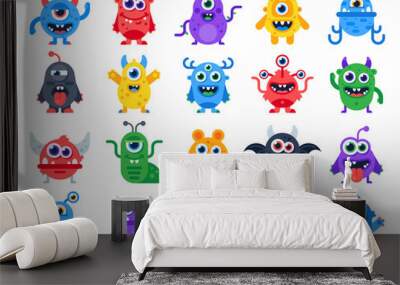 Cute cartoon monsters. Comic halloween joyful monster characters. Funny devil, ugly alien and smile creature flat vector set Wall mural