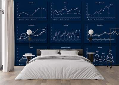 Data graphic charts. Maths coordinates graph, growth chart graphics and business infographic graphs. Data research chart, statistics graphics or diagram visualization bar vector illustration set Wall mural