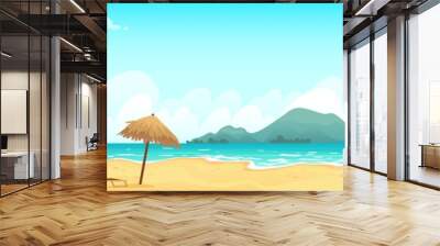 Daytime beach landscape. Sandy beaches with tropical palms. Sunny day, on beautiful sunset, sunrise and at night cartoon vector illustration. Landscape outdoor, travel scene daytime, vacation tropical Wall mural