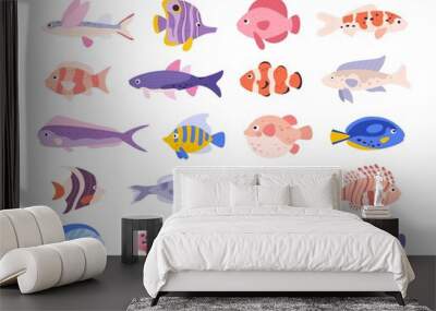 Decorative cartoon tropical sea coral fishes for aquarium. Clown, lion, angel, guppy and flying fish. Ocean underwater exotic pet vector set Wall mural