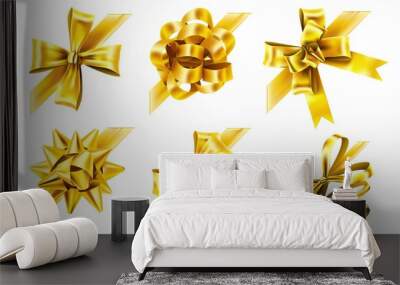 Decorative corner bow. Golden favor ribbon, yellow angle bows and luxury gold ribbons. Birthday or xmas decor bow, gift box packaging ribbon. Realistic 3D isolated vector illustration signs set Wall mural