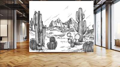 Desert landscape. Hand drawn mexican prairie with plants and blooming cactuses, prickly succulents nature wild west sketch vector background. Scenery with rock and mountain, environment Wall mural