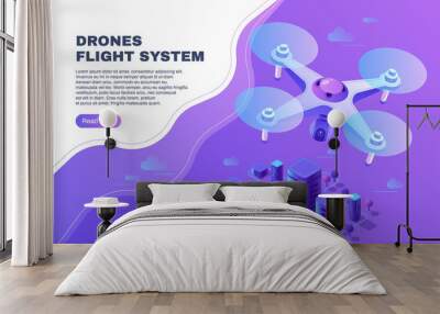 digital entertainment flight drone, aerial photo surveillance copter or delivery quadcopter flying a Wall mural