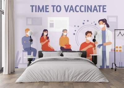 Doctor vaccinate people. Patient gets vaccine shot in hospital. Medicine for immunization. Covid-19, flu or virus prevention vector concept Wall mural