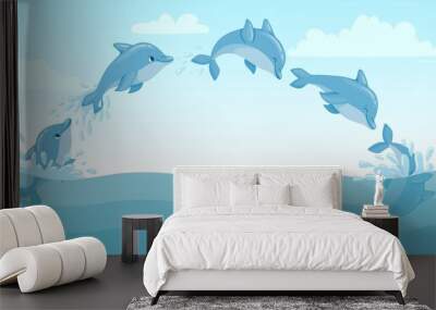 Dolphin jump out of water. Cartoon marine landscape with jumping dolphins and splashes. Cute ocean dolphin character vector animation frames Wall mural