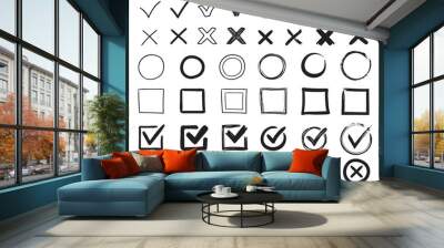 Doodle check marks. Hand drawn checkbox, examination mark and checklist marks. Check signs sketch, voting agree checklist mark or examination task list. sign Isolated vector illustration symbols set Wall mural