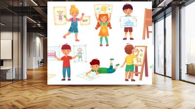 drawing children. kid illustrator, baby drawing play and draw kids group cartoon vector illustration Wall mural