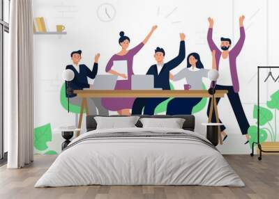 Excited office workers team. Successful managers, happy professional work group and colleagues rejoicing together. Teamwork, businesspeople corporate working flat vector illustration Wall mural