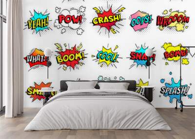 Exclamation texting comic signs on speech bubbles. Cartoon crash, pow, bomb, wham, oops and cool comic sign vector set Wall mural