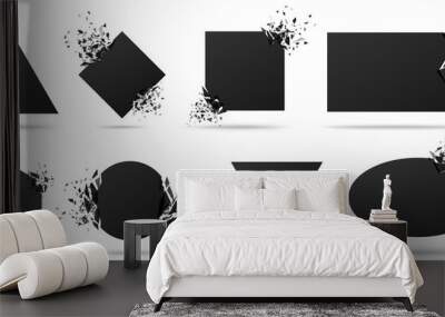 Exploded frame with spray particles. Explosion destruction, shattered geometric shapes and destruction energy vector banners set. Black objects with broken borders isolated abstract design elements Wall mural