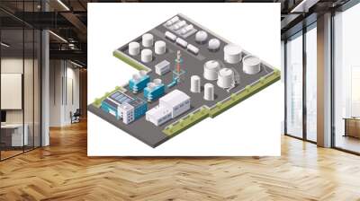 Factory buildings isometric concept. Petroleum industry oil refinery plant with chemical equipment, pipeline and storage tanks. Vector illustration. Manufacturing and storing in hangar Wall mural