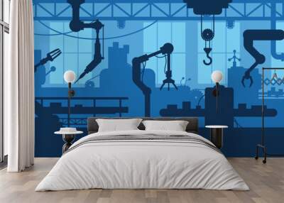 Factory interior silhouette. Car manufacturing process, industrial machine workshop with robotic arm conveyor assembly line. Vector landscape background Wall mural