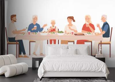 Family dinner. Grandparents, parents and kids sitting at holiday table, happy people eating delicious food, vector concept. Illustration mother and father with big family have dinner Wall mural