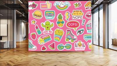 Fashioned girl badges, stickers with rainbow and burger, sneaker and glasses, lipstick and watermelon. Pins and patches isolated on pink background in comic style vector illustration Wall mural