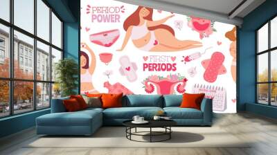 Female menstruation. Women with period and hygiene product tampon, sanitary pads and menstrual cup. Cartoon womb, vector set. Menstruation first period, menstrual accessory tampon illustration Wall mural