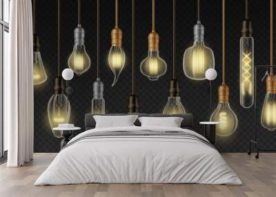 filament lamps. realistic incandescent light bulbs of different types and shapes, retro loft interio Wall mural