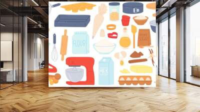 Flat baking ingredient, kitchen utensil and food product. Mixer, rolling pin, brown sugar flour and butter. Cooking pastry recipe vector set Wall mural