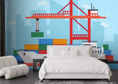 Flat cargo ship in docks. Harbor crane of shipping port loading containers to marine freight boat vector illustration Wall mural