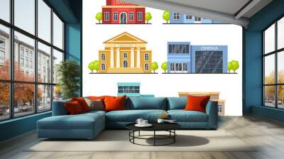 Flat city buildings. Contemporary office center, hospital facade and city hall building. Modern theater and cinema vector illustration Wall mural