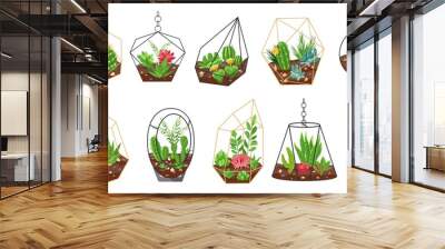 Florarium plants. Tropical cactus, flowers and succulents in geometric glass terrariums. Botanical interior decor. Mini gardens vector set Wall mural