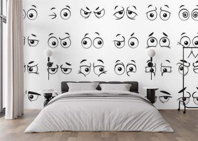 Funny cartoon eyes. Human eye, angry and happy facial eyes expressions. Comic facial character caricature, human eye emotions doodle. Isolated vector illustration icons set Wall mural