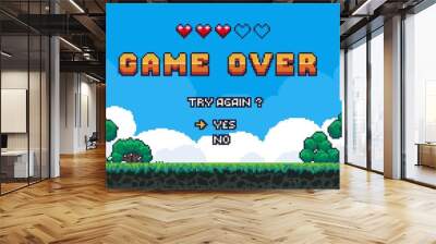 Game over background. Retro pixel 8 bit video game screen with score information, arcade landscape. Vector old classic game screen concept Wall mural