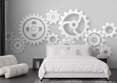 Gear wheels. Realistic 3d white cogs and gears mechanism. Teamwork cooperation machine symbolism. Engineering and technology vector. Cooperation and connection, technical equipment Wall mural