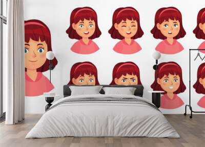 Girl emotions set, female face doubt and horror, girl surprise expression, sad and happy, angry child, confused teenager, vector illustration Wall mural