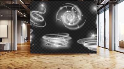 Glow white magic light with sparkle particles effect. Swirl, circle, vortex and spiral of shine. Star or comet with motion trail vector set Wall mural