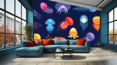 Glowing jellyfish. Cartoon underwater exotic sea animals of different colors and shapes floating in water. Vector cute transparent undersea creatures set Wall mural