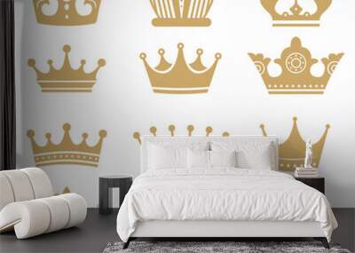 Gold crown silhouette. Royal king and queen elements isolated on white. Monarch jewelry, diadem or tiara for princess Wall mural