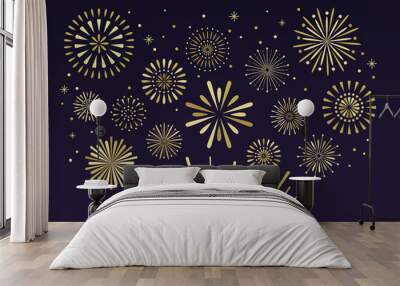 Gold festive fireworks. Christmas pyrotechnics firecracker vecto Wall mural