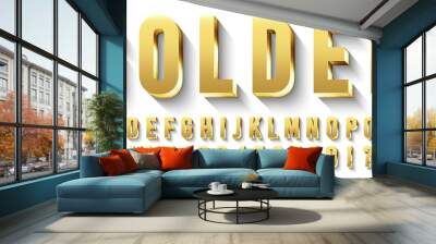 Golden 3D font. Metallic gold letters, luxury typeface and golds alphabet with shadows. Elegancy font abc and numbers, golden rich royal vip type letter. Isolated vector symbols set Wall mural