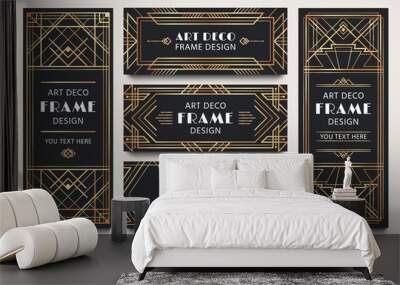 Golden art deco banner frames. Geometric gold lines frame, luxury decorative corners and premium label vector set. Collection of elegant card templates decorated by retro ornaments in 1920s style. Wall mural