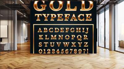 Golden letters with gold shine metal gradients. Shiny alphabet and numbers serif font for luxury lettering vector illustration Wall mural