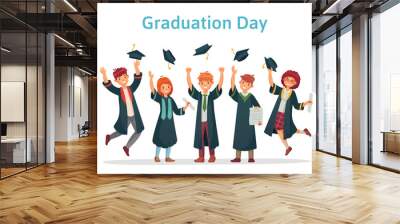 Graduate students. Graduation day of university student, success exam and college group throwing up academic caps vector illustration Wall mural