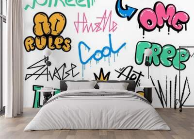 Graffiti words and elements, street art with spray paint drips. Abstract urban wall scribbles savage, wild, king, free and cool vector set Wall mural