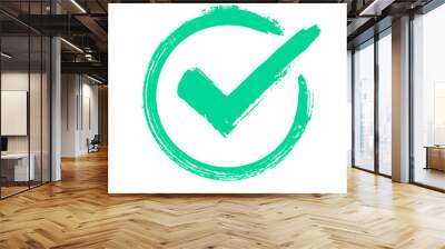 Green grunge check mark. Correct answer, checking vote or choice approval icon. Checked circle vector symbol Wall mural