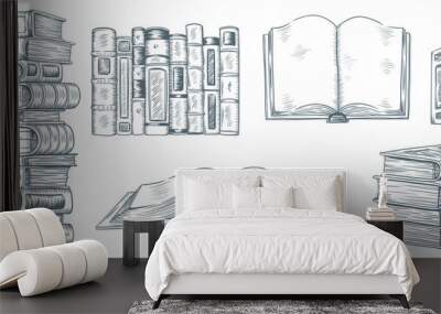 hand drawing books. drawn sketch of literature. school or college students library book illustration Wall mural