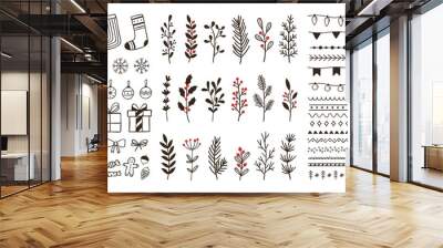 Hand drawn ornamental winter elements. Doodle christmas snowflake, floral branches and decorative borders. Gift boxes, ornament deco borders and Xmas tree leaves. Isolated vector symbols set Wall mural