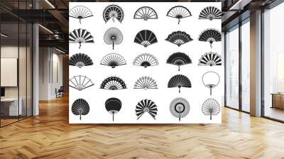 Handheld fan. Black silhouettes of chinese, japanese paper folding hand fans, traditional asian decoration and souvenir vector isolated set. Chinese fan black silhouette illustration, asian souvenir Wall mural