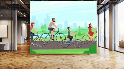 Happy young family riding on bikes at park. Parents and kids ride bicycles. Summer activities and families leisure vector illustration Wall mural