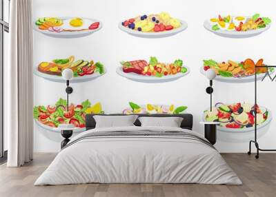 Healthy meal. Breakfast, lunch, salad and dinner menu. Oatmeal with fruit. Balanced diet with vegetables, eggs, meat and seafood, vector set Wall mural