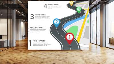 Highway road infographic. Street roads map, gps navigation way path and town journey pin directions sign 3d vector concept Wall mural